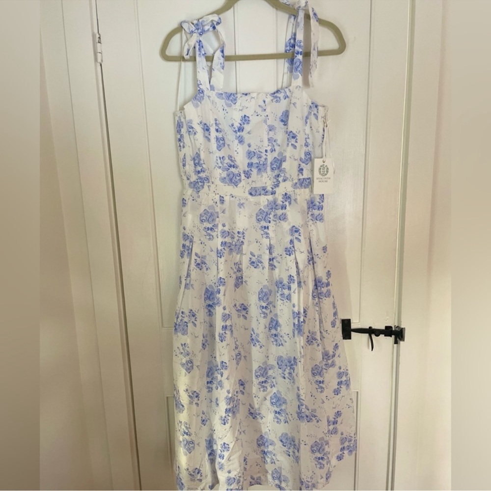 White and Blue Tiered Ruffled Midi Sundress